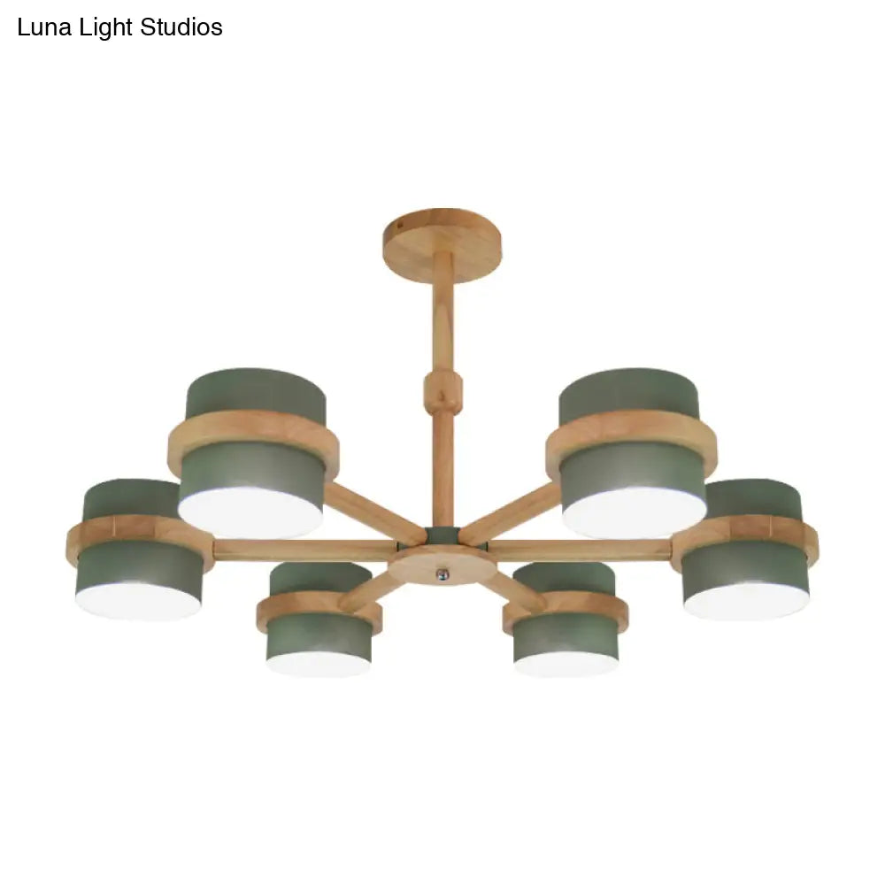 Nordic Wood Cylinder Chandelier - 6-Light Ceiling Pendant For Foyer And Cloth Shop