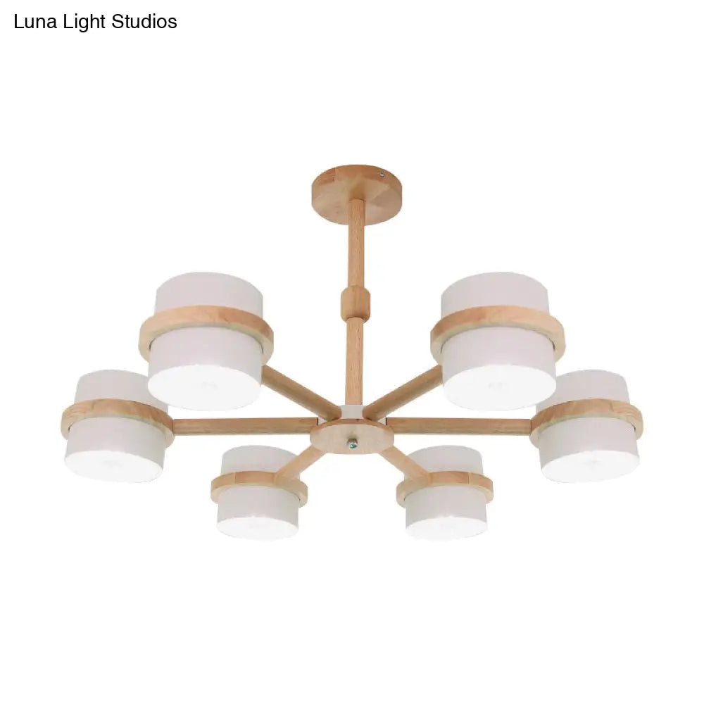 Nordic Wood Cylinder Chandelier - 6-Light Ceiling Pendant For Foyer And Cloth Shop