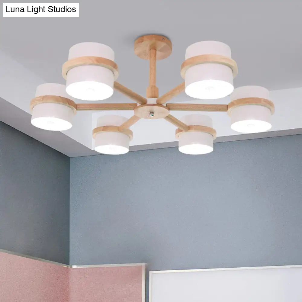 Nordic Wood Cylinder Chandelier - 6-Light Ceiling Pendant For Foyer And Cloth Shop