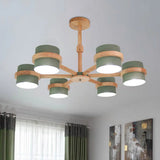 Nordic Wood Cylinder Chandelier - 6-Light Ceiling Pendant For Foyer And Cloth Shop Green