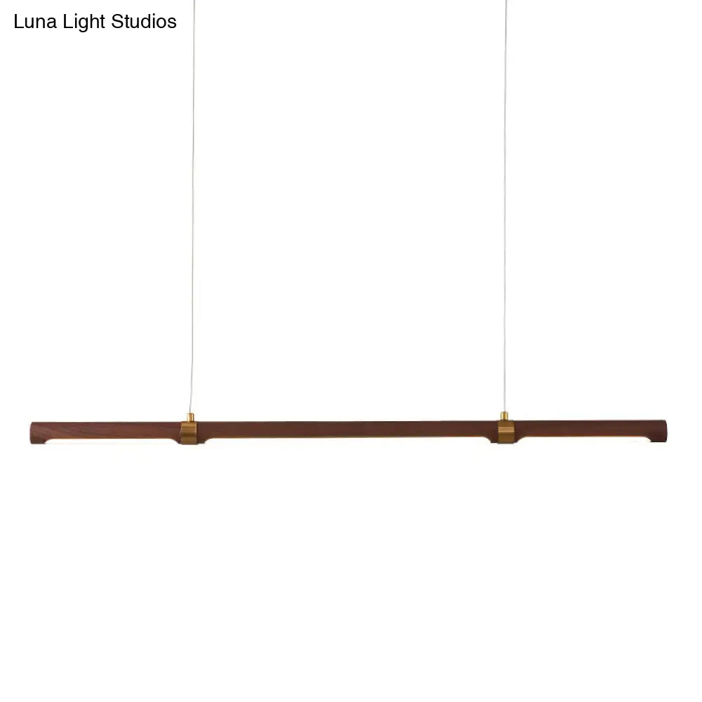 Nordic Wood Island Pendant Led Strip Light In Brown For Dining Table