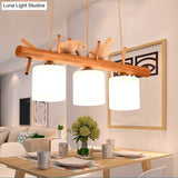 Nordic Wood Pendant Light With Opal Glass Cylinder And Resin Bird Decor