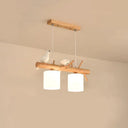 Nordic Wood Pendant Light With Opal Glass Cylinder And Resin Bird Decor 2 /