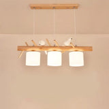 Nordic Wood Pendant Light With Opal Glass Cylinder And Resin Bird Decor 3 /