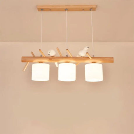 Nordic Wood Pendant Light With Opal Glass Cylinder And Resin Bird Decor 3 /