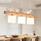 Nordic Wood Pendant Light With Opal Glass Cylinder And Resin Bird Decor