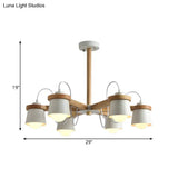 Nordic Wood Semi Flush Ceiling Mount Chandelier With Barrel Lampshade - 6 Bulbs Wheel Style White