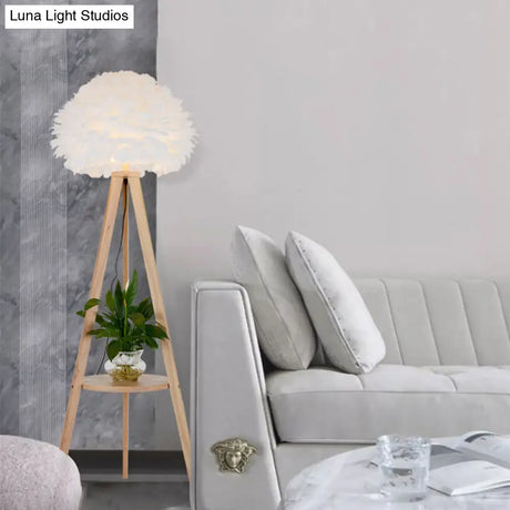 Nordic Wood Shelf Floor Lamp With Feather Dome Shade - Grey/White
