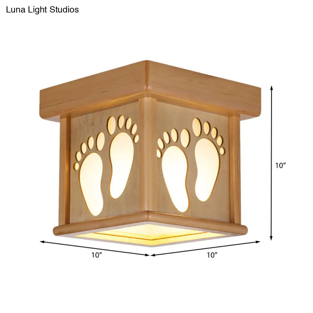 Nordic Wood Square Close To Ceiling Light - 10’ W Flush Mount Fixture With Footprints For Dining