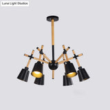 Nordic Wood Swing Arm Chandelier With 6 Bulbs And Conic Lamp Shade In Black/White