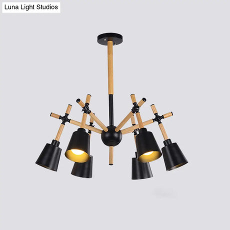 Nordic Wood Swing Arm Chandelier With 6 Bulbs And Conic Lamp Shade In Black/White