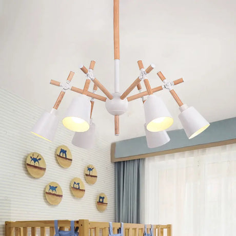 Nordic Wood Swing Arm Chandelier With 6 Bulbs And Conic Lamp Shade In Black/White White