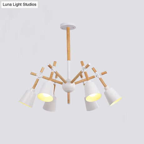 Nordic Wood Swing Arm Chandelier With 6 Bulbs And Conic Lamp Shade In Black/White