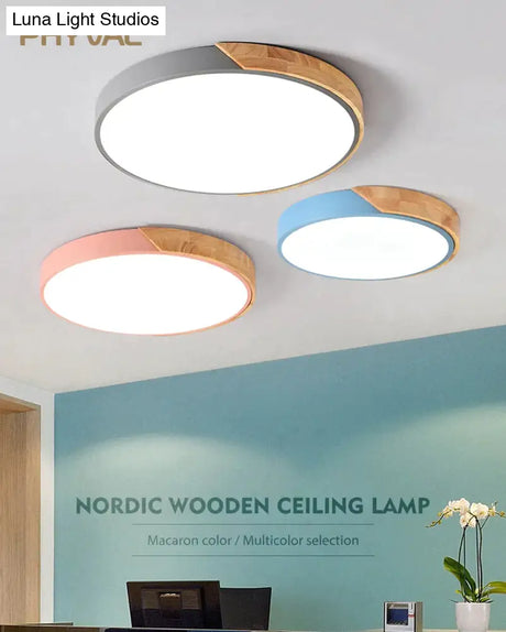 Nordic Wooden Ceiling Lamp Dimmable Led Lights Round 30-60 Size Diameter Ultra-Thin 5 Cm High 7