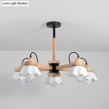 Nordic Wooden Chandelier With Scallop Shades - Perfect For Living Room Ceiling Lighting
