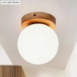 Nordic Wooden Glass Flush Mount Ceiling Light With Milky Globe Modern Lighting Fixture