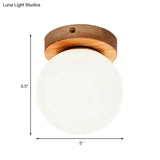 Nordic Wooden Glass Flush Mount Ceiling Light With Milky Globe Modern Lighting Fixture