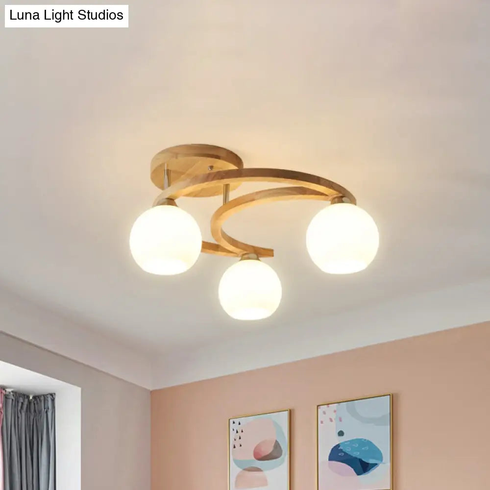 Nordic Wooden Semi Flush Bedroom Ceiling Lamp With Milk Glass Shade