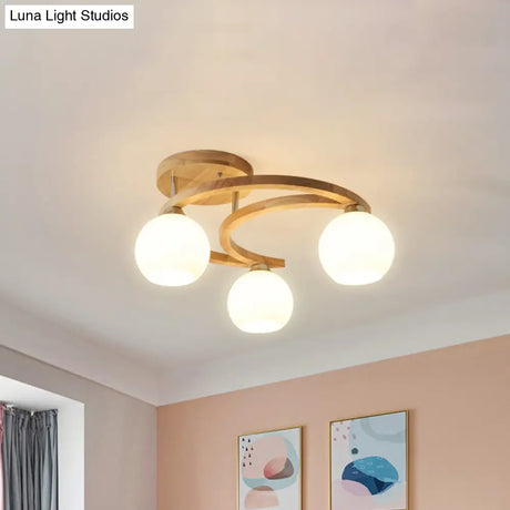 Nordic Wooden Semi Flush Bedroom Ceiling Lamp With Milk Glass Shade