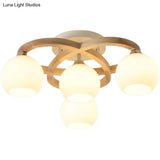 Nordic Wooden Semi Flush Bedroom Ceiling Lamp With Milk Glass Shade