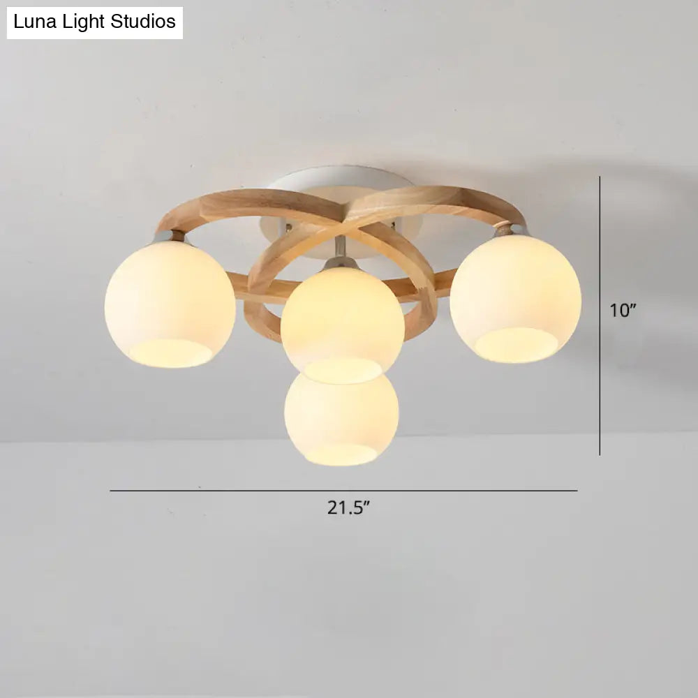 Nordic Wooden Semi Flush Bedroom Ceiling Lamp With Milk Glass Shade