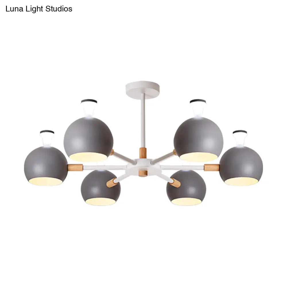 Nursing Room Snowflake Chandelier - 6-Head Wood Ceiling Pendant With Spherical Shade