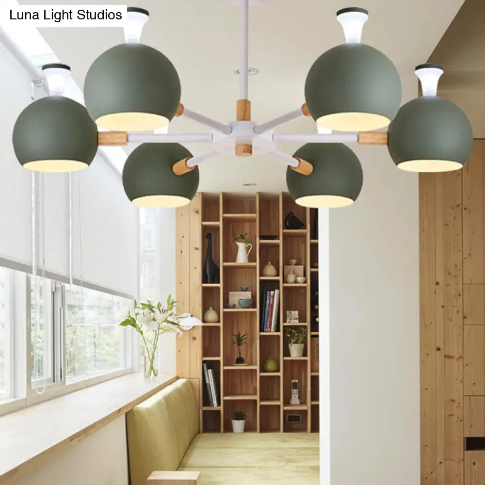Nursing Room Snowflake Chandelier - 6-Head Wood Ceiling Pendant With Spherical Shade