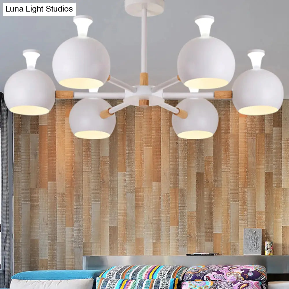 Nursing Room Snowflake Chandelier - 6-Head Wood Ceiling Pendant With Spherical Shade