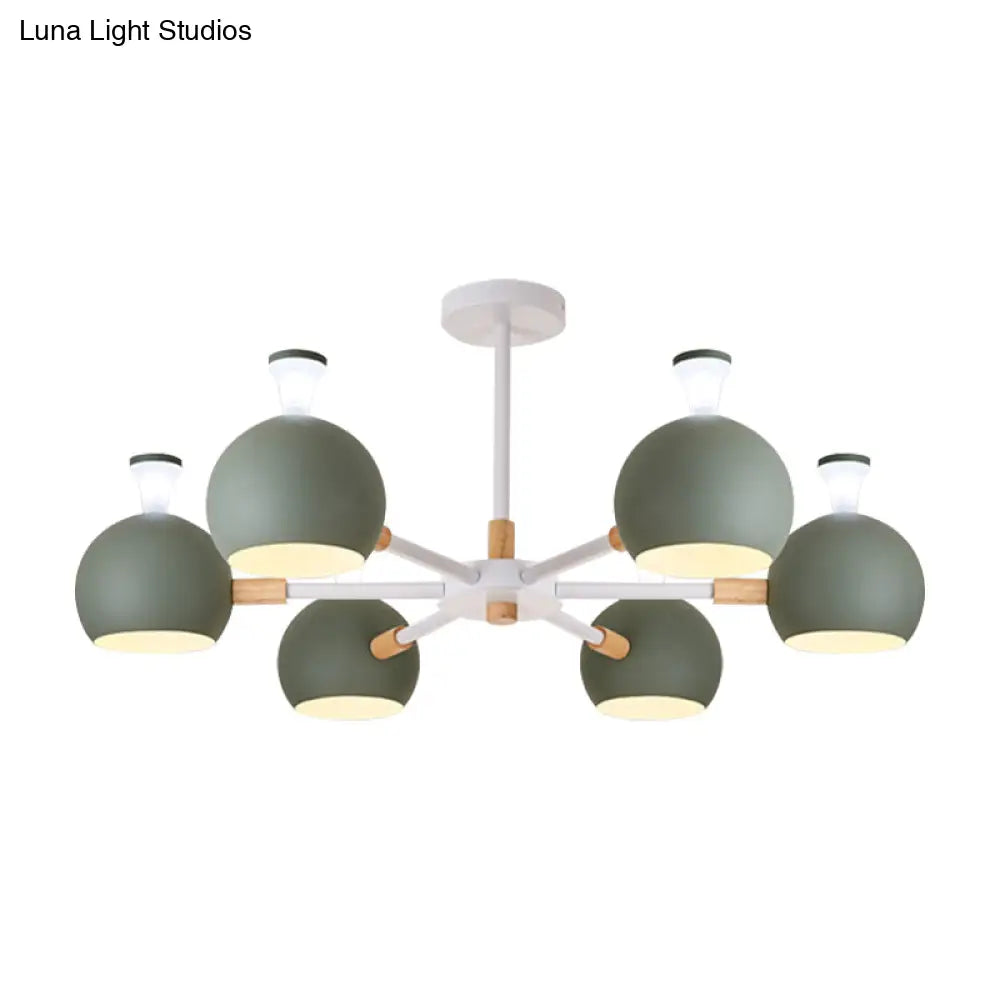 Nursing Room Snowflake Chandelier - 6-Head Wood Ceiling Pendant With Spherical Shade