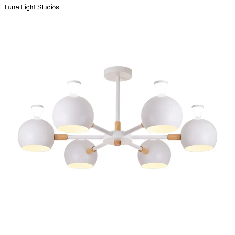 Nursing Room Snowflake Chandelier - 6-Head Wood Ceiling Pendant With Spherical Shade