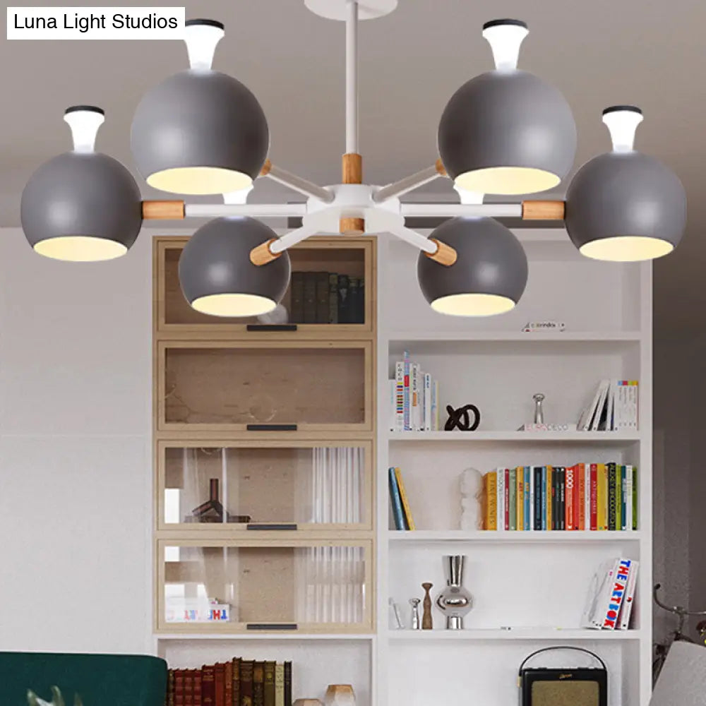Nursing Room Snowflake Chandelier - 6-Head Wood Ceiling Pendant With Spherical Shade