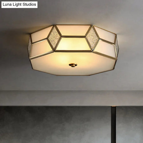 Octagon Flush Mount Bedroom Ceiling Light Fixture With Minimalistic Textured White Glass And Brass