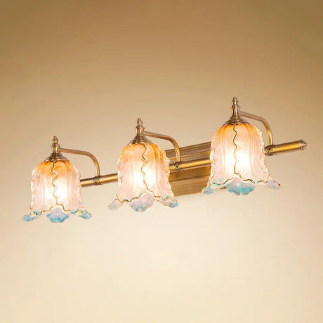 Ombre Glass Flower Wall Sconce: Traditional Brass Vanity Light For Bathroom Mirror 3 /