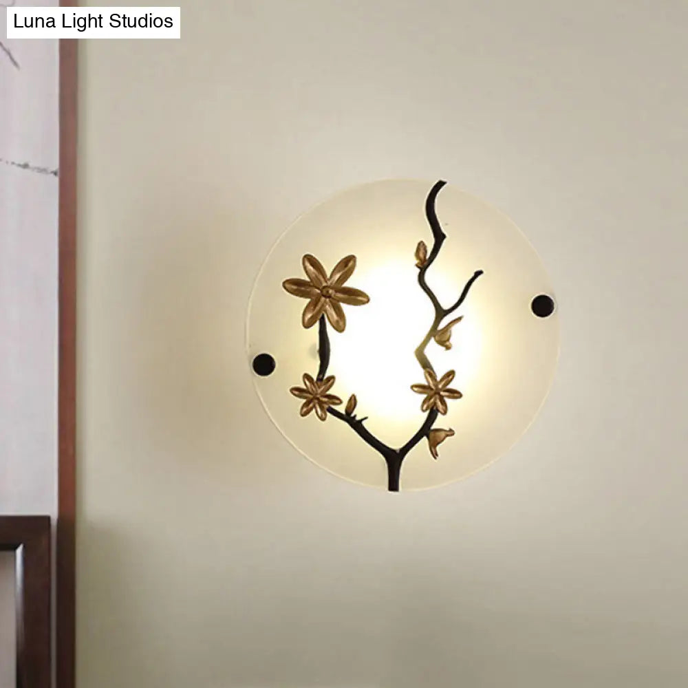 Opal Frosted Glass Led Wall Lamp In Gold - Flower Branch Bedside Mural Asia-Inspired Mounted Light
