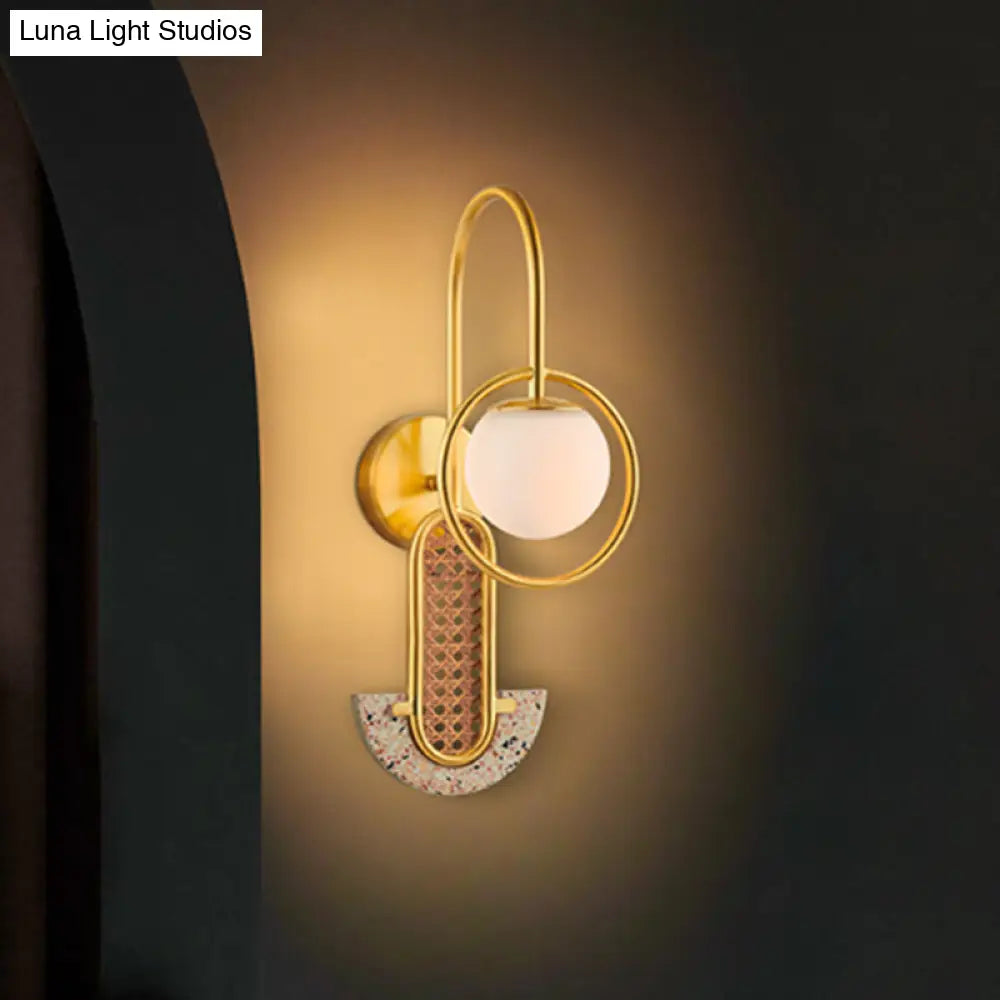 Opal Glass Ball Wall Sconce - 1-Light Gold/Black Finish Mount Lamp