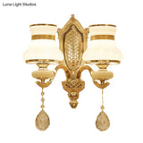 Opal Glass Bell Wall Light Retro Led Sconce Brass Hallway Lighting With Crystal Drop