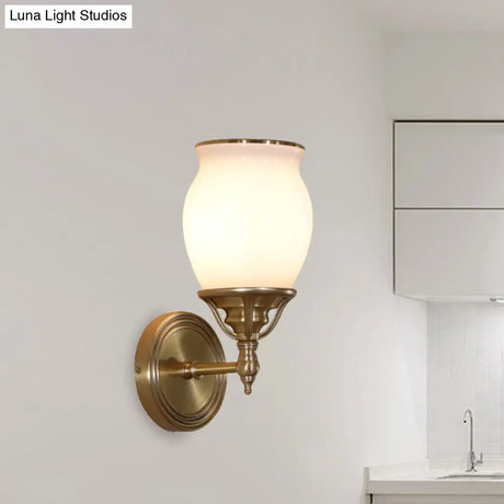 Opal Glass Colonial Sconce Lamp 1-Bulb Wall Light Fixture With Brass Finish - Metal Accents Ideal