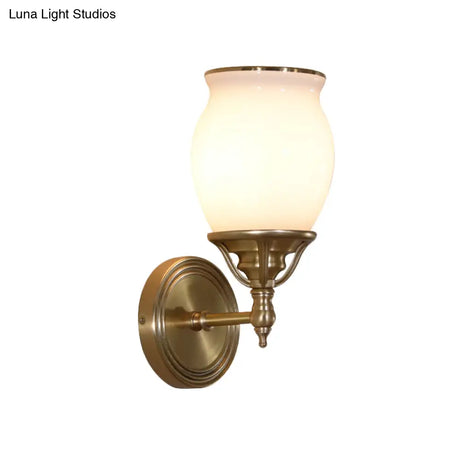 Opal Glass Colonial Sconce Lamp 1-Bulb Wall Light Fixture With Brass Finish - Metal Accents Ideal