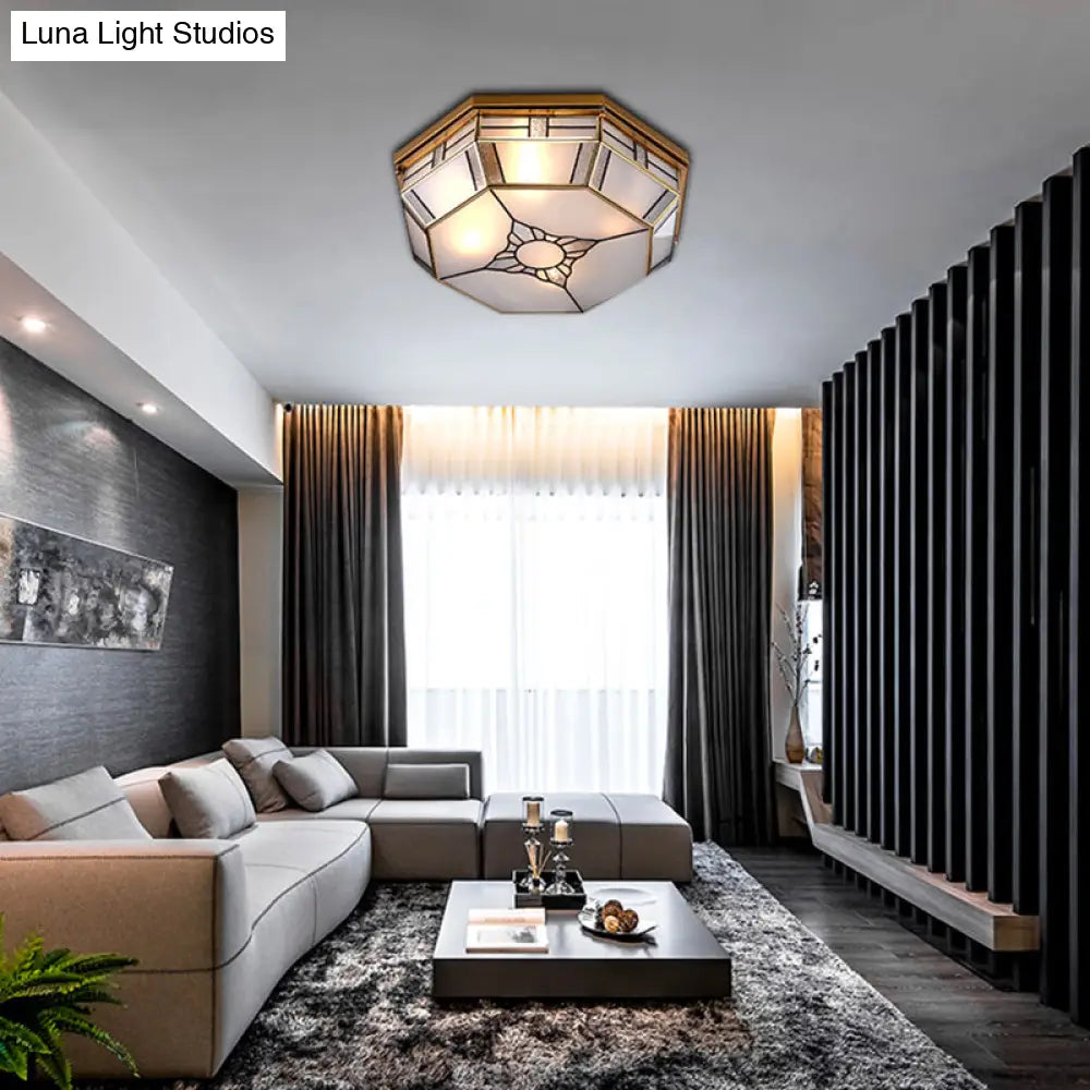 Opal Glass Flush Light With 3 Heads - Brass Finish Octagonal Shape Bedroom Ceiling Lighting