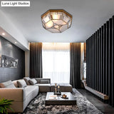 Opal Glass Flush Light With 3 Heads - Brass Finish Octagonal Shape Bedroom Ceiling Lighting