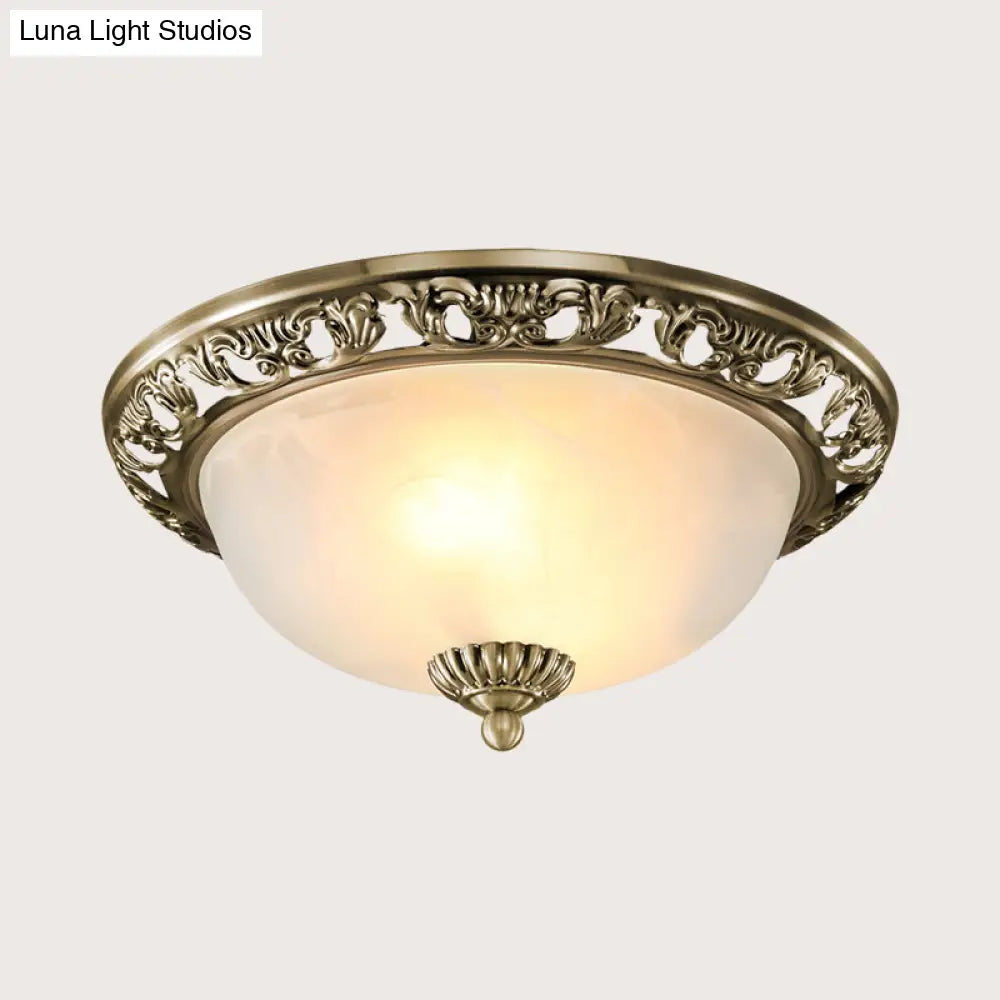 Opal Glass Flush Mount Ceiling Light In Bronze/Copper - Countryside 3 - Head Metal Fixture Wide