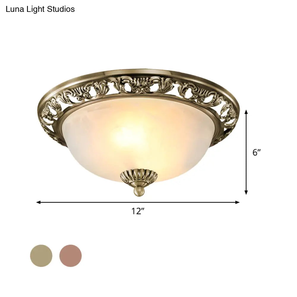 Opal Glass Flush Mount Ceiling Light In Bronze/Copper - Countryside 3 - Head Metal Fixture Wide