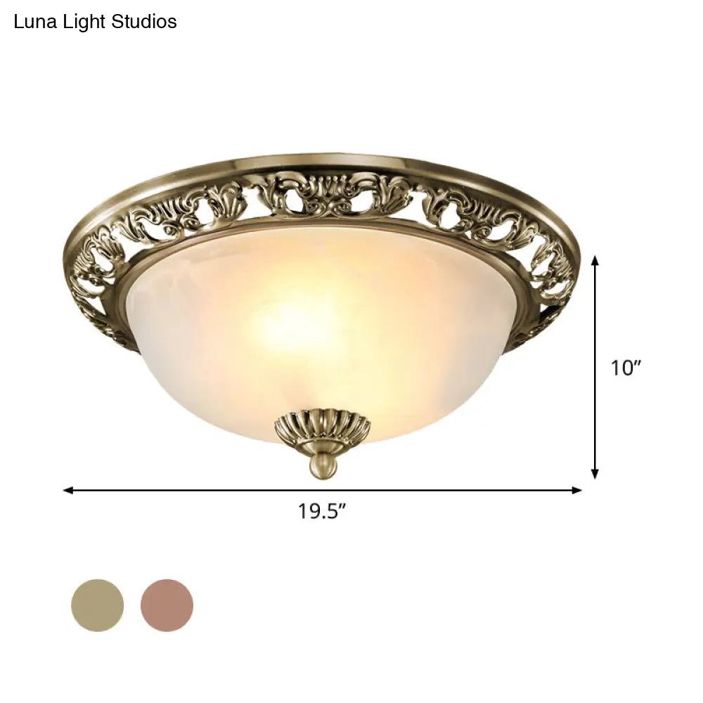Opal Glass Flush Mount Ceiling Light In Bronze/Copper - Countryside 3 - Head Metal Fixture Wide