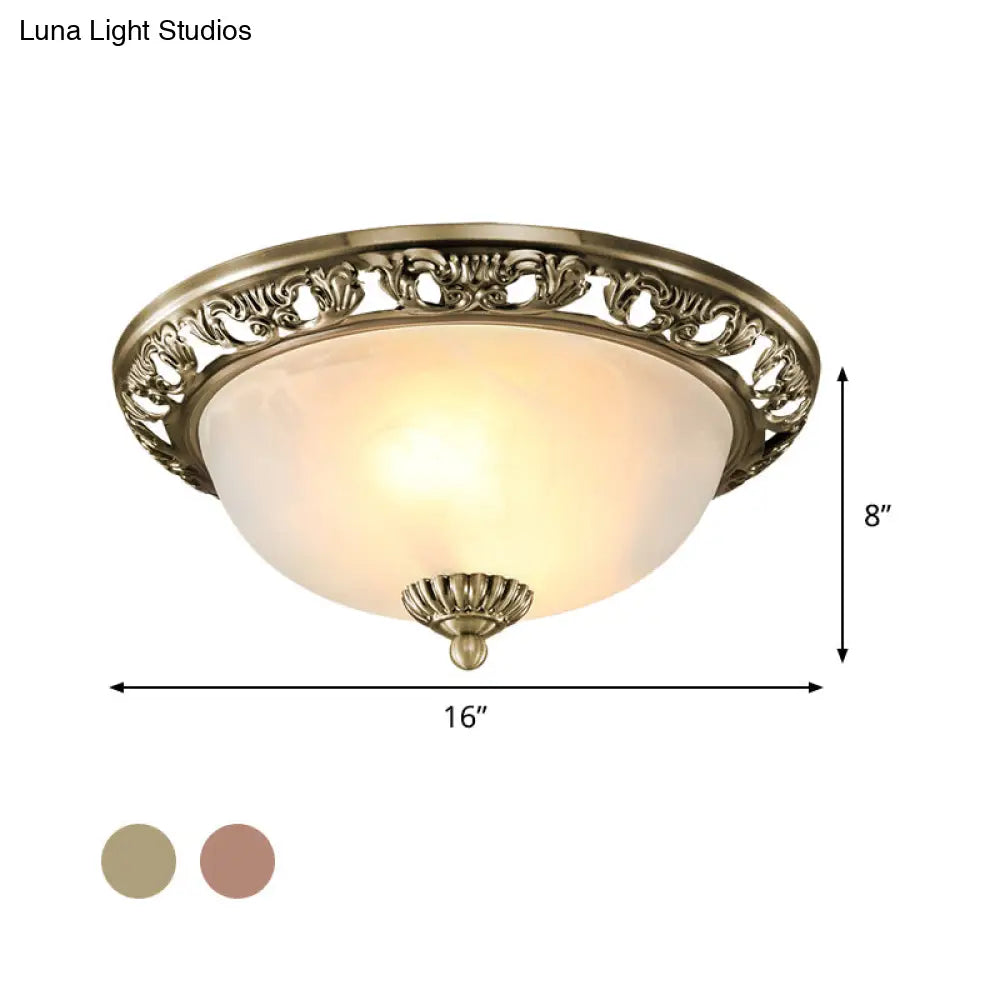 Opal Glass Flush Mount Ceiling Light In Bronze/Copper - Countryside 3 - Head Metal Fixture Wide