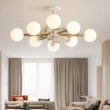 Opal Glass Globe Chandelier: Modern Living Room Pendant Light In Wood 8 /