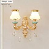 Opal Glass K9 Crystal Wall Light Classic Living Room Lighting Fixture With Accent In Gold
