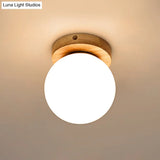 Opal Glass Led Ceiling Fixture With Wood Antler/Square/Round Design - Beige Flushmount