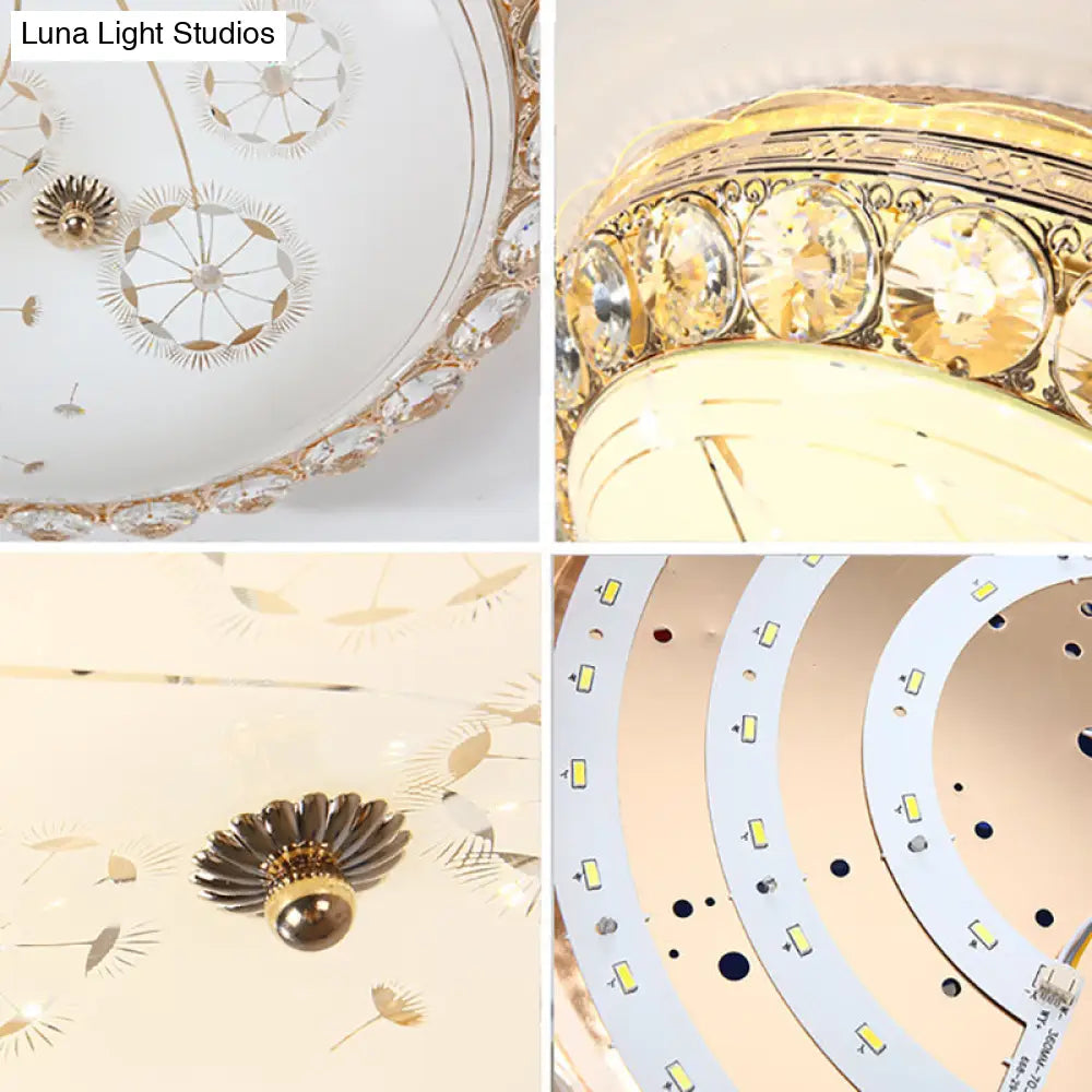 Opal Glass Led Ceiling Light With Crystal Accent In Modern Bowl Design