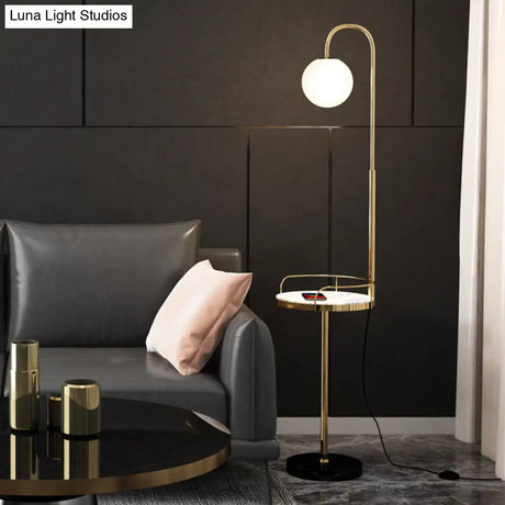 Opal Glass Minimalist Ball Floor Lamp: 1-Light Living Room Standing Light With Guardrail