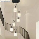 Opal Glass Modern Cylinder Pendant Light With Black Canopy For Stairs